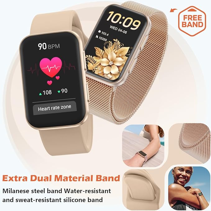 MorePro Health Fitness Tracker with Blood oxy-gen Monitor and 24/7 Heart Rate and Blood Pressure, Sleep Monitor, 120+ Sport Modes Waterproof Fitness Watch for Women Men Android iOS, Milanse Gold
