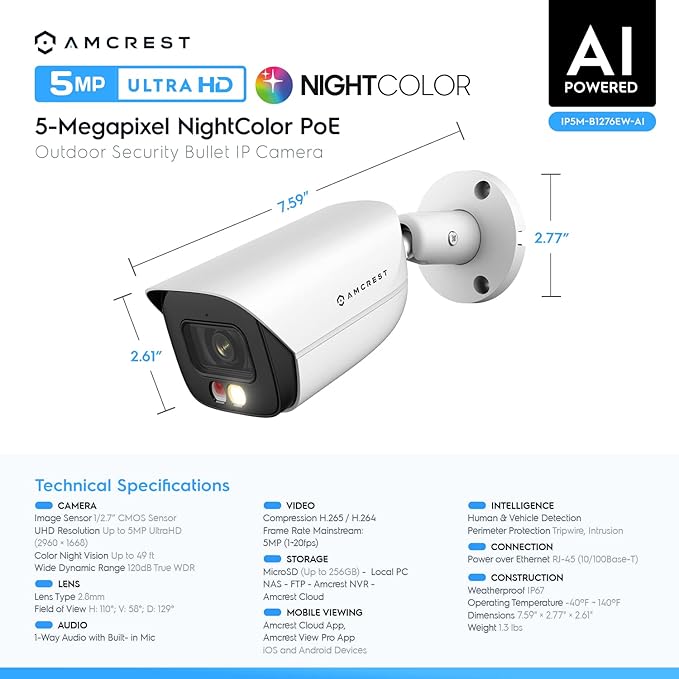Amcrest 2-Pack 5MP IP PoE AI Camera w/ 49ft Color Night Vision, Security Outdoor Bullet Camera, Built-in Microphone, Human & Vehicle Detection, 129° FOV, 5MP@20fps 2PACK-IP5M-B1276EW-AI (White)