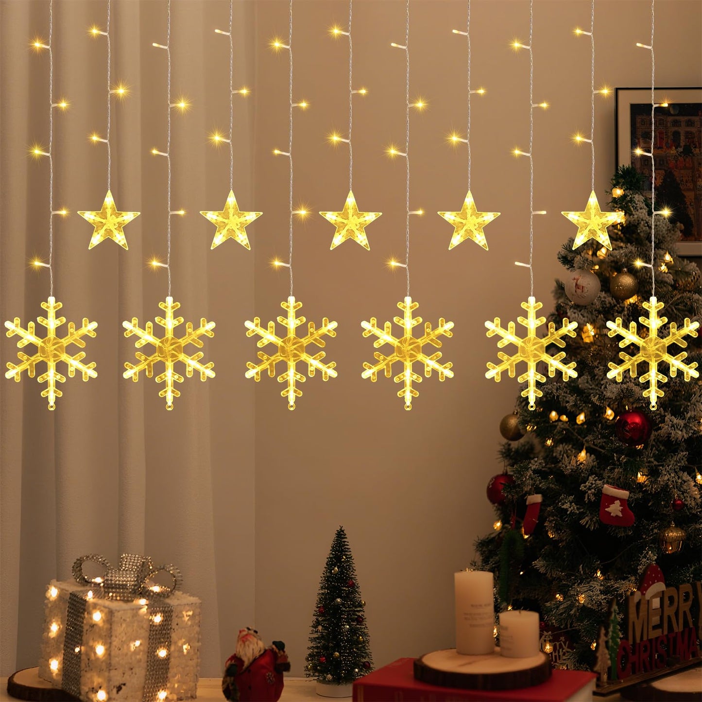 Lewondr 138 LED Christmas String Curtain Lights, USB & Remote Control, 8 Modes, Warm Light, Model HD250052
