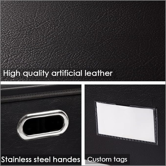 PRANDOM Collapsible Storage Box with Lid [3-Pack] Leather Fabric Foldable Storage Bin Organizer Container Basket Cube with Cover for Home Bedroom Closet Office Nursery Black(22.8X15.7X11.8)