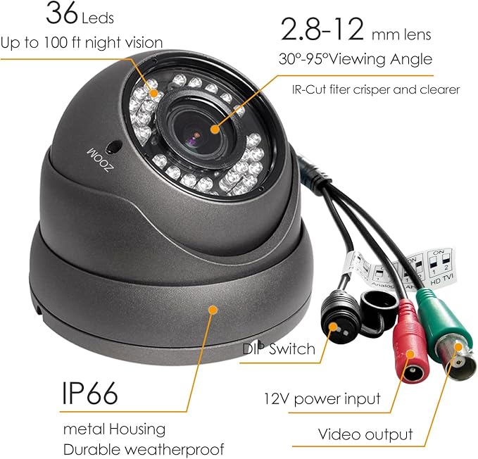 Analog CCTV Camera HD 1080P 4-in-1 (TVI/AHD/CVI/CVBS) Security Dome Camera Outdoor, 2.8mm-12mm Manual Focus/Zoom Varifocal Lens, Weatherproof Metal Housing 36 IR-LEDs Day & Night Monitoring (Grey)