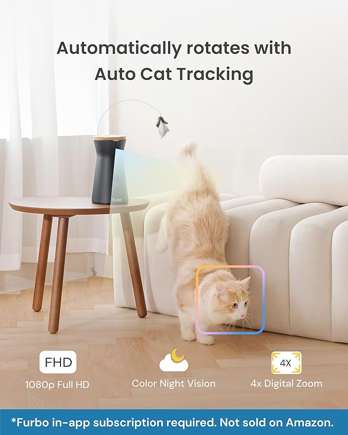 Furbo 360° Cat Camera [Subscription Required] Unlock w/Paid Plan: Home Security & Pet Safety Alerts, Rotating Treat Toss w/ 2-Way Speaker, Smart Cam w/Phone App (Low Risk, 3mo Min. Cancel Anytime)