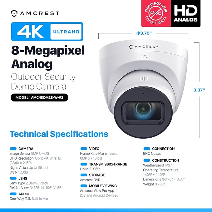 Amcrest Analog 4K Outdoor Security Camera, Turret 8MP @15fps CCTV-Coax-BNC, 65ft Night Vision, 125° Angle, Built-in Mic, White (AMC4KDM28-W-V3), (Not an IP Camera) DVR Required, Not Included
