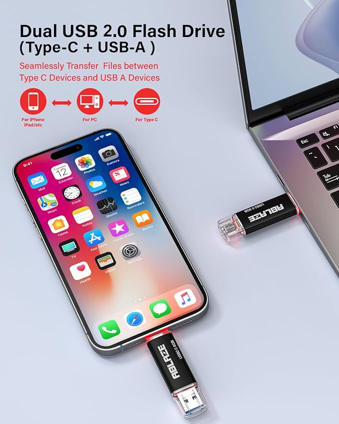 ABLAZE 8GB Type C Flash Drive 10 Pack, Dual USB 2.0+USB C Memory Stick Thumb Drive Compatible with iPhone 16/15, Android Smartphone, Computers, Tablets, Mac,iPad,PC