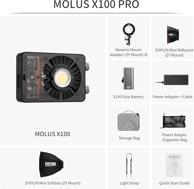 ZHIYUN MOLUS X100 Bi-Color Pro 100W Video Light [Official] V2 Upgraded Version Professional Photography Lighting Portable Continuous Output Lighting 2700K~6500K CRI≥95 TLCI≥97 for Youtuber TT Photog