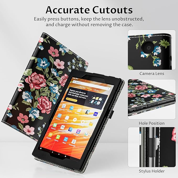 VORI Case for All-New Amazon Kindle Fire HD 10 Tablet (13th/11th Generation 2023/2021 Release) and Fire HD 10 Plus - Slim Folding Stand Folio Cover with Auto Wake/Sleep & Hand Strap, Rose Floral