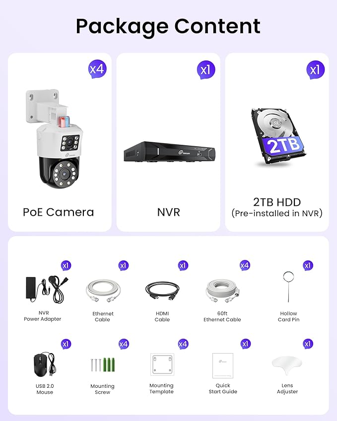 Loocam Dual-Lens 4K PoE Security Camera System, 4pcs Pan/Tilt CCTV Wired PoE IP Camera Outdoor Indoor, AI Person/Vehicle, Spotlight Siren, Color Night Vision, 8CH 8MP NVR with 2TB HDD
