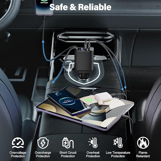 Retractable Car Charger USB C 4 in 1 87W Cigarette Lighter Car Phone Charger Adapter for iPhone 17 with Voltage Display Fast Charge for iPhone,Android,Samsung,etc