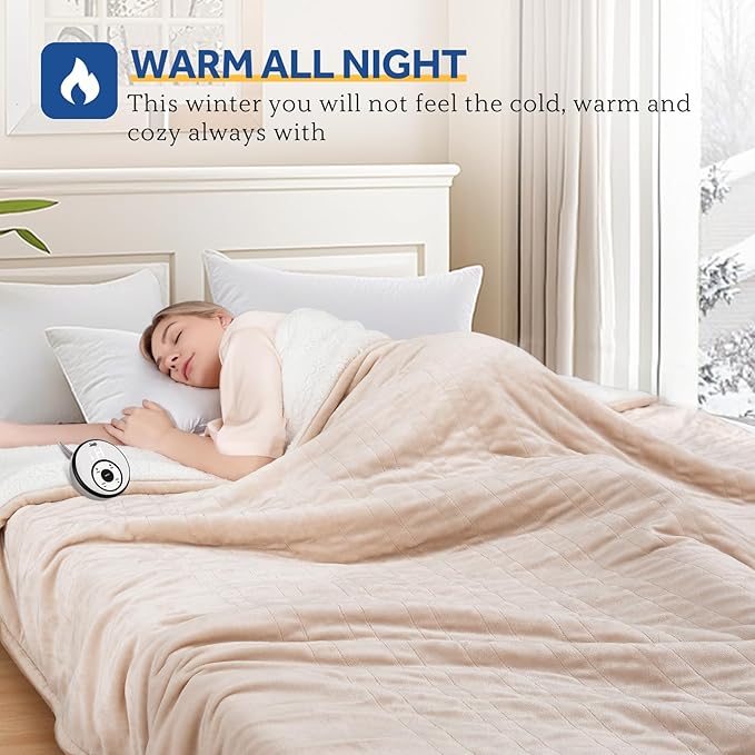 Sealy Electric Blanket Full Size 80"*84",Super Cozy Flannel to Sherpa Reversible Heated Blanket Full Size with 10 Heating Levels & 1-12 Hours Auto Off Overheating Protection Machine Washable, Beige