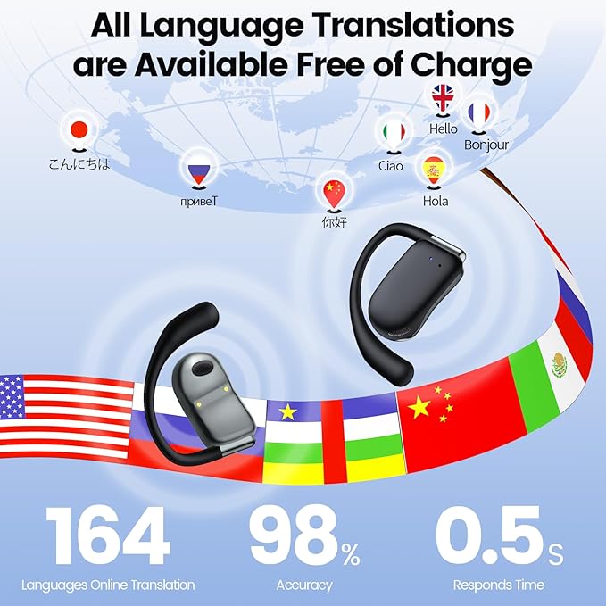 AI Translation Earbuds Real Time 164 Languages 80H Playtime Translator Ear Buds Audifonos Traductores Inglés Español Wireless Translating Earbuds Bluetooth Headphones for Travel Meeting Learning Black