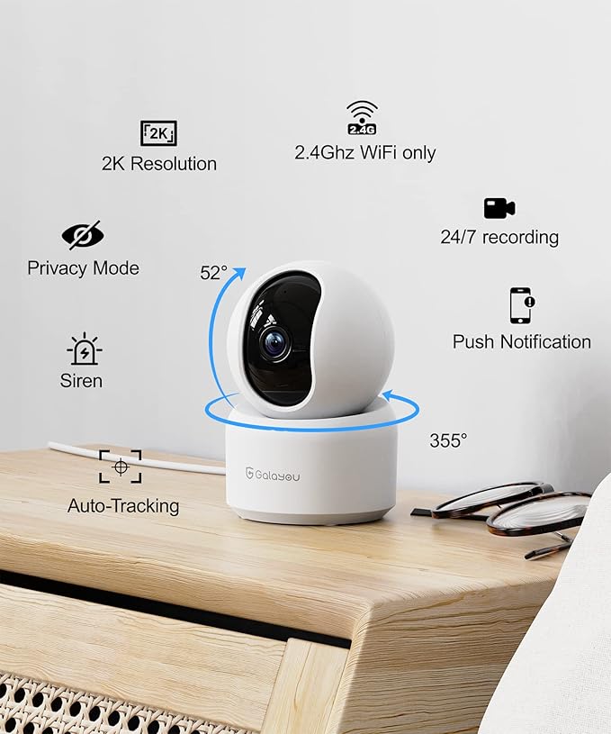 GALAYOU Indoor Security Camera 2K, Pet Camera, 360 Degree 2.4G WiFi Home Security Camera for Baby/Elder/Nanny with Night Vision, 24/7 SD Card Storage, Works with Alexa and Google Assistant G2-2Pack
