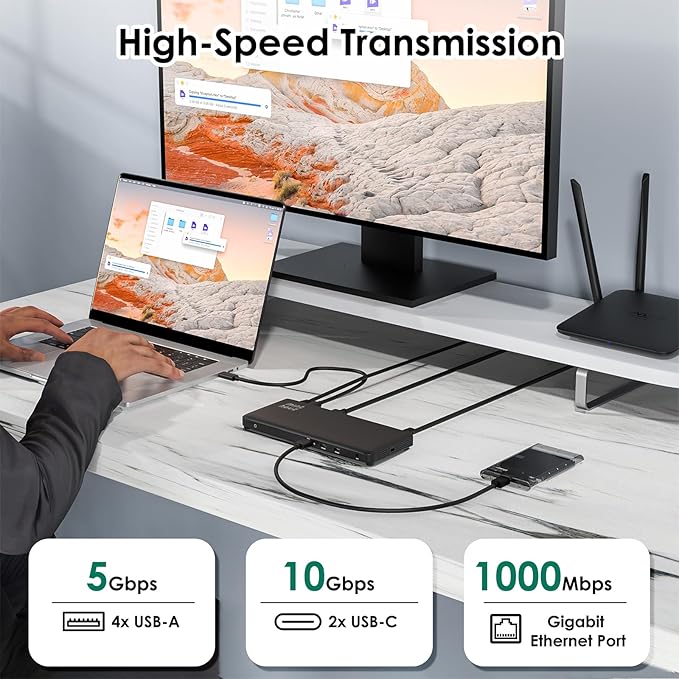 Minthouz 12 IN 1 Docking Station with 100W Charging, Triple Display, 1000Mbps LAN Port, Laptop Docking Station Monitor Single 8K or Triple 4K, 4X USB-A, 2X USB-C, Ethernet Port, for Windows Mac Chrome