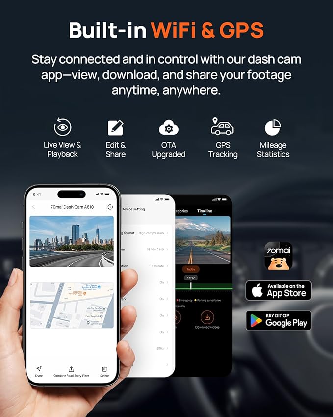 70mai A810 4K Dash Cam Front and Rear, Dual Dash Camera for Cars with Starvis 2 HDR Night Vision, 4G LTE Support, ADAS, Built in GPS & WiFi, 24/7 Parking Mode, AI Motion Detection, Time-Lapse