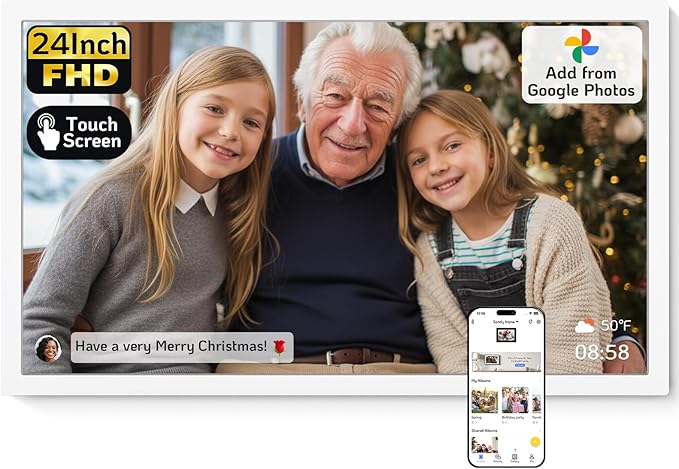NexFoto 24 Inch Large Digital Picture Frame Touchscreen, WiFi Electronic Photo Frame 64GB, Add Photos from Google Photos, Videos via App/USB, Gifts for Christmas/Mom/Grandparents, White