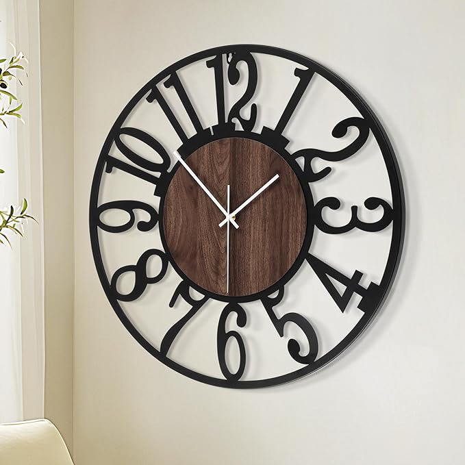 LEIKE Large Wall Clocks for Living Room,Silent,Non Ticking,Battery Operated Oversized Vintage Round Modern Wood Wall Clock for Bedroom,Farmhouse,Office Home Decor-24 Inch(Black-Arabic Number)