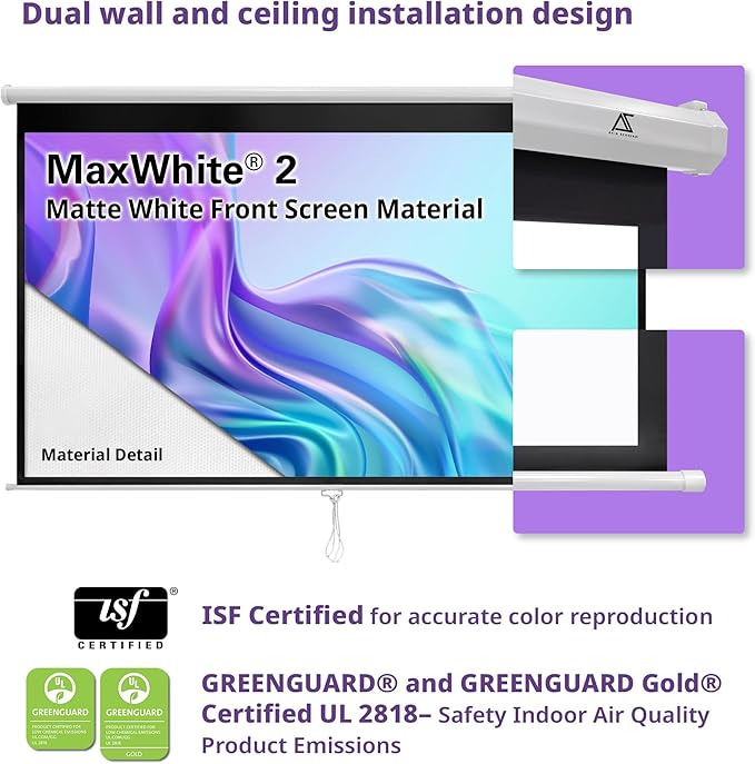Akia Screens Retractable Projector Screen Pull Down 110 inch 4:3 8K 4K HD 3D White Projection Screen Manual B for Movie Home Theater Office Indoor Ceiling Wall Mount, AK-M110V1