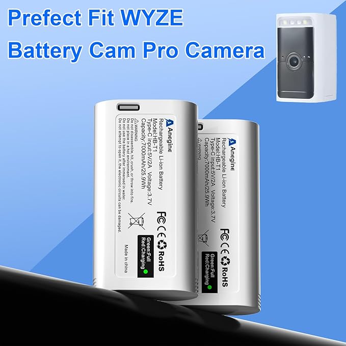 WBAT1 Battery Cam Pro Upgraded 7000mAh Removable Battery Pack Replacement for Wyze Cam Pro 2K Camera with Type-C Direct Charging Port (2-Pack)