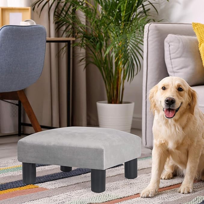 Joveco 15'' Small Foot Rest Stool Ottoman- Upholstered Footstool and Ottomans Small Footrest for High Beds- Lightweight and Portable, Light Gray