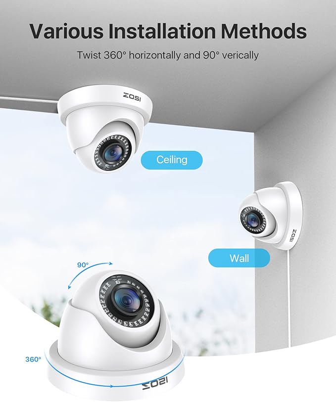 ZOSI 2MP 1080P HD Security Dome Camera Outdoor Indoor, IP66 Weatherproof Surveillance CCTV Camera (Hybrid 4-in-1 HD-CVI/TVI/AHD/960H Analog CVBS), 80ft IR Night Vision, 90° Wide Angle, 24PCS LEDs