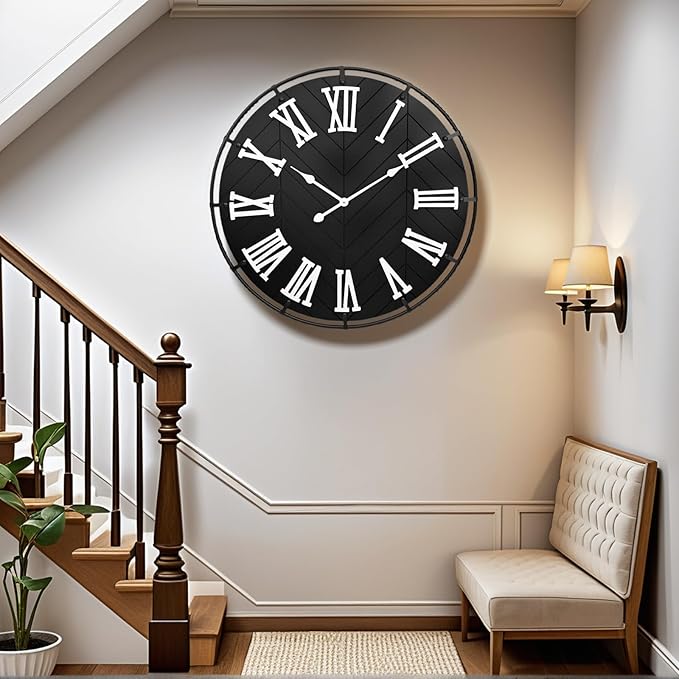 30 Inch Large Wooden Wall Clock – Extra Large FarmhouseWall Clock with 3D Roman Numerals & Herringbone Splicing, Black Modern Wood Wall Clock for Living Room