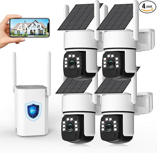 Solar Security Cameras Wireless Outdoor, 4 Cam-Kit, 4MP Home Security System with Color Night Vision, 2.4G & 5G WiFi, 360° Pan & Tilt, 64GB Local Storage, No Subscription, Motion Detection, Spotlight