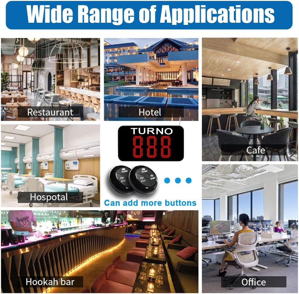Take a Number System Queue Wireless Calling System Spanish with 1 TURNO Display 2 NEXT Call Button 1 Ticket Dispenser 3-Digit Ticket Roll for Restaurant Hospital Clinic Bank Waiting