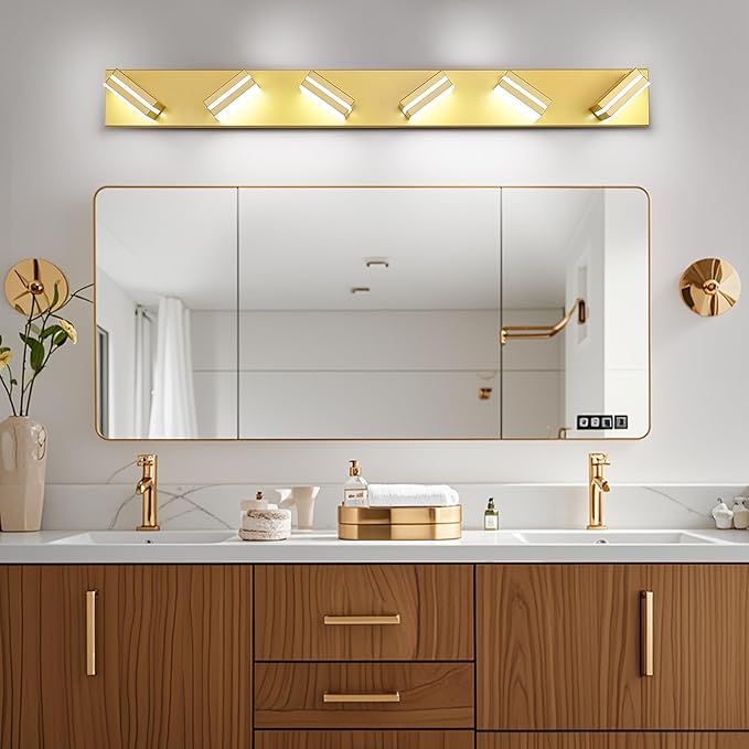 Modern LED Bathroom Lights Fixtures(6-Light),Metal Gold Acrylic Wall Lighting,Vanity Lights for Bathroom Over Mirror(6000k 41in)