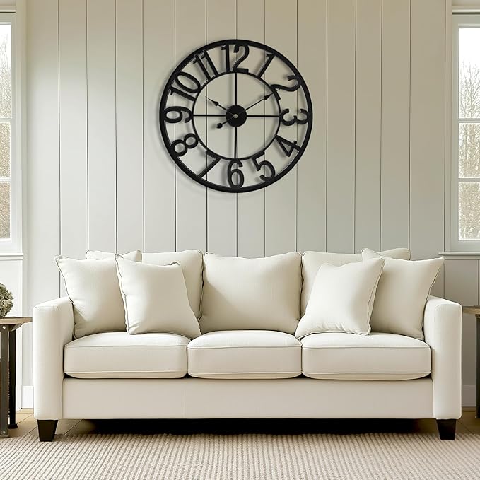 Tatub 24 Inch Large Wall Clock for Living Room Decor, Arabic Numeral Modern Round Decorative Metal Large Wall Clock for Bedroom and Kitchen, Silent, Non Ticking, Battery Operated
