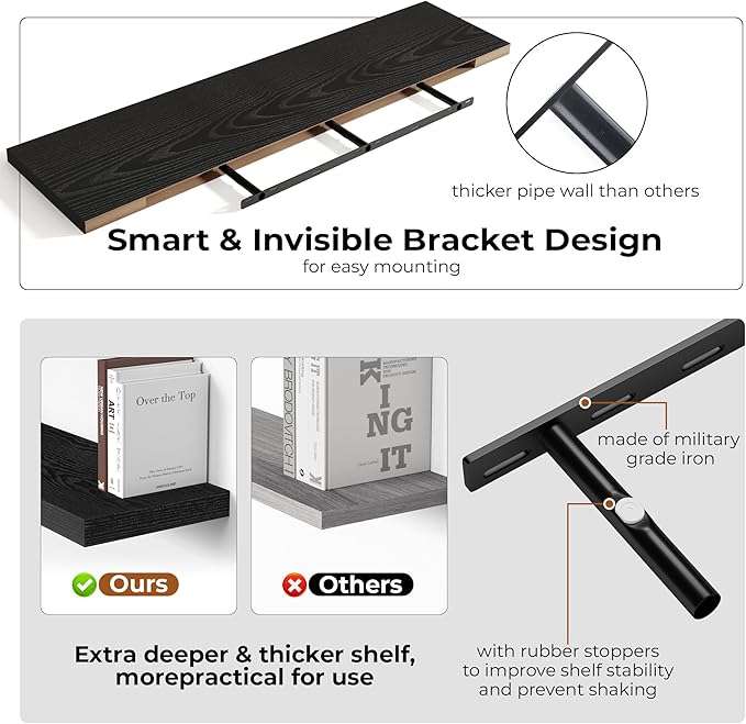 Fun Memories 55 Inch Floating Shelves for Wall, Fireplace Mantel Shelf with Invisible Heavy Duty Bracket, 8 Inch Deep Storage Shelf for Living Room, Kitchen, Farmhouse, Black