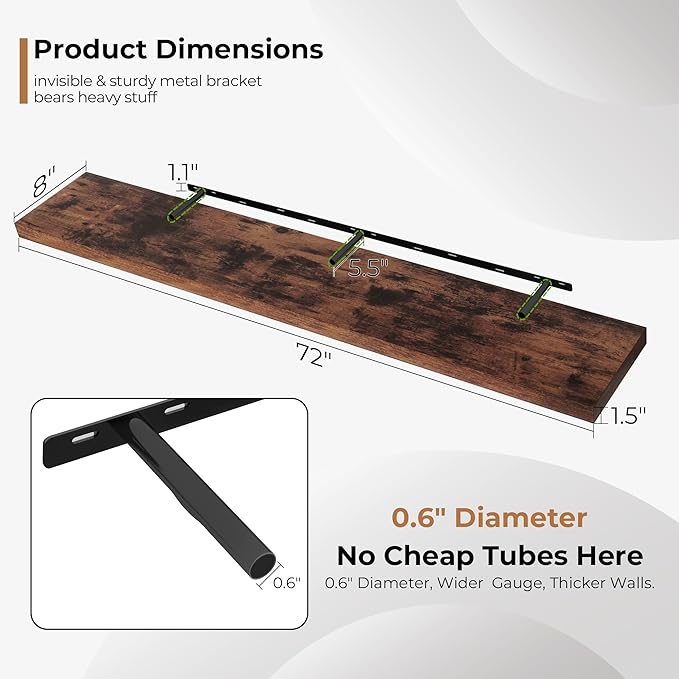 Fun Memories 72 Inch Floating Shelves for Wall, Fireplace Mantel Shelf with Invisible Heavy Duty Bracket, 8 Inch Deep Storage Shelf for Living Room, Kitchen, Farmhouse, Brown