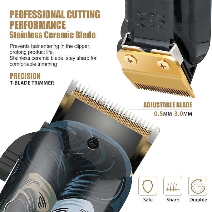 BESTBOMG® Hair Clippers & Trimmer Ceramic T-Blade Cordless Haircut Sets Rechargeable with 10 Guide Combs & for Men/Father/Husband/Boyfriend