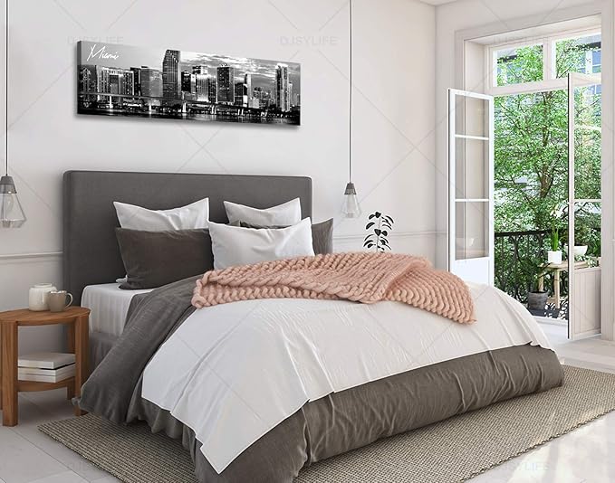 DJSYLIFE Miami Skyline Wall Art Decor Panoramic Cityscape Picture Modern USA City Night View Canvas Prints for Bedroom Office Living Room Decoration Stretched and Framed Ready to Hang 13.8"x47.3"