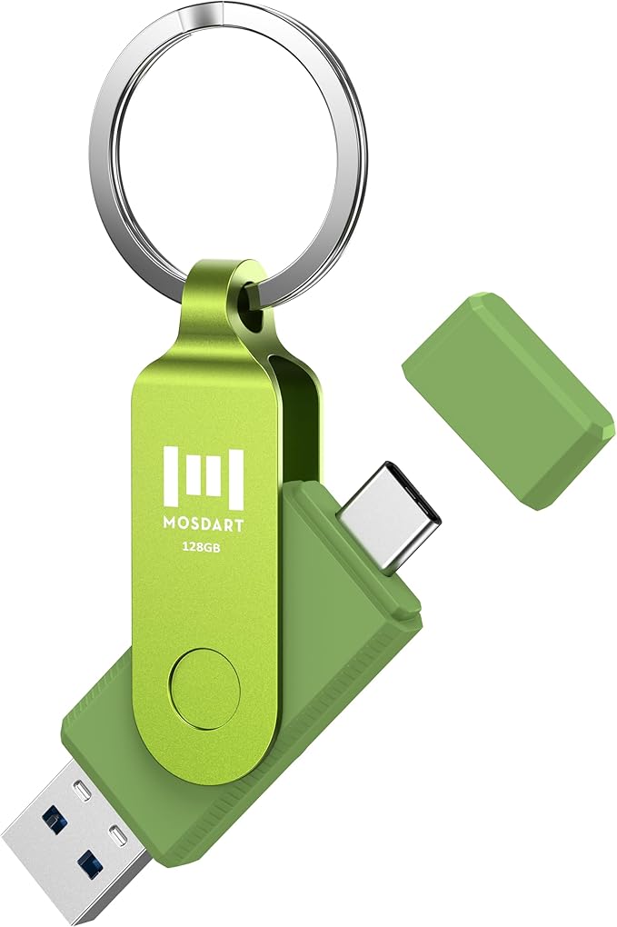 MOSDART 128GB USB3.1 Fast Speed C and A Dual Flash Drive, exFAT Memory Stick with Keychain and LED Indicator, for iPhone 15,16, 17, Android Phone, iPad, MacBook, and Other Laptops, Green