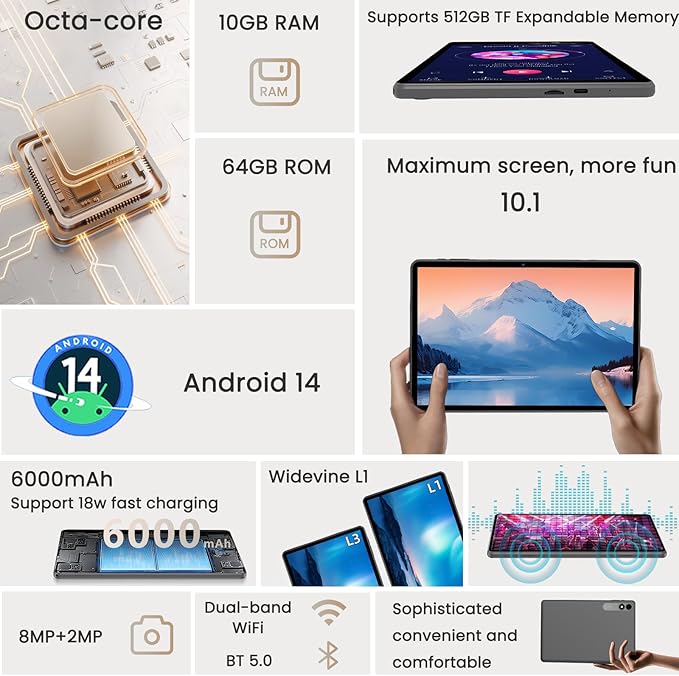 Android 14 Tablet,10 inch Tablets, Octa Core CPU, 10GB+64GB+512GB Expansion, Wi-Fi6, 6000mAh Battery Tablet PC, Dual Camera, 1280x800 Display Screen, Widevine L1 Google Kids Space