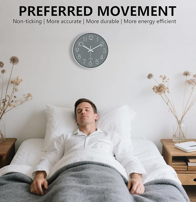 Wall Clock, Silent Wall Clocks Battery Operated 10 Inch Modern Non Ticking Analog Clock with Large Numerals Tempered Glass Clocks for Bedroom, Living Room, Kitchen, Office Decor, Grey