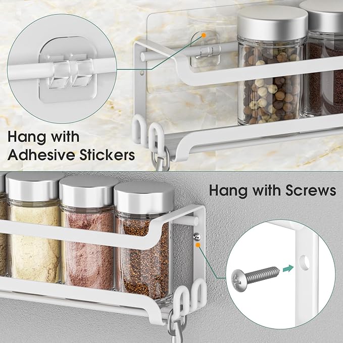LUCYCAZ 6 Pack Wall Mounted Spice Rack with 22 Hooks, Spice Organizer Shelf for Stove Cabinet Pantry Door,Screw or Adhesive Spice Shelf Hanging Wall Spice Rack in Kitchen and RV (White, 6 PACK)