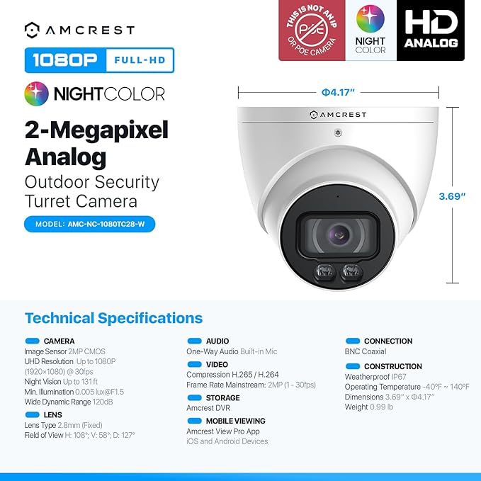 Amcrest Night Color Turret Analog Camera w/ 131ft Full Color Nightvision, Security Camera Outdoor for CCTV DVR, Built-in Microphone, 127° FOV, 2MP@30fps AMC-NC-1080TC28-W-V3