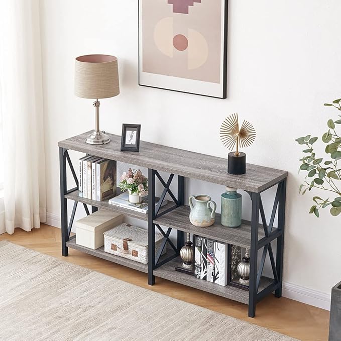 LVB Rustic Sofa Table, Farmhouse Console Table for Living Room, Hallway entryway Table with Storage, Entry Table for Foyer, Light Grey Oak, 55 Inch