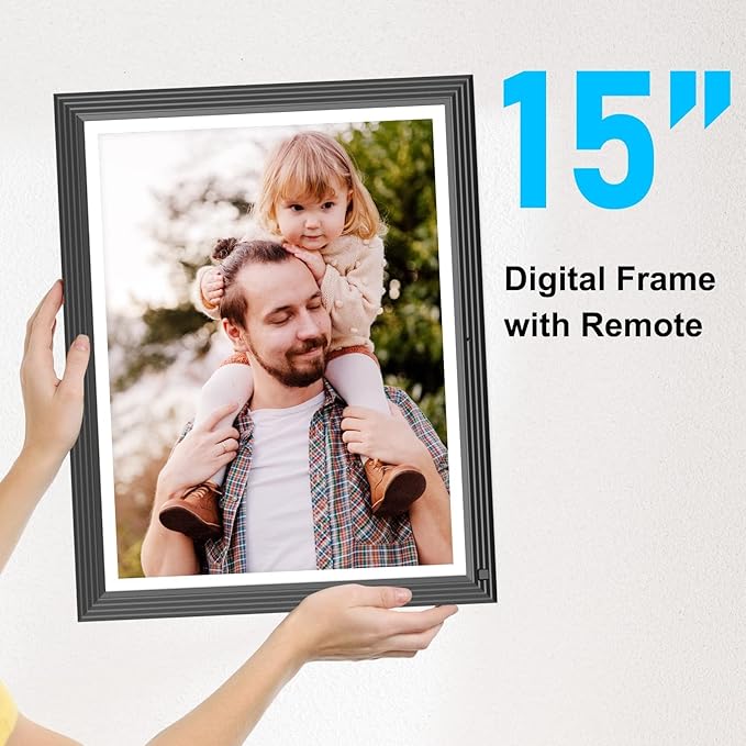 Large Digital-Photo-Frame Wi-Fi Picture Frame - 15" 32GB Smart Photo Frame with Remote Control (No Touch Screen), Full Function, Share Photo Video via App Email, Fee Cloud, Wall Mounted for Home Decor
