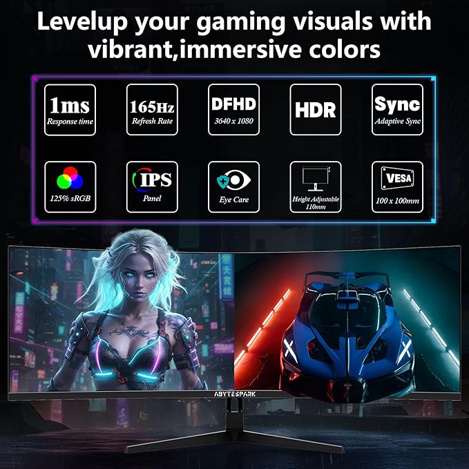 49 Inch Curved Ultra Wide Gaming Monitor, 4K (3840x1080P), 144Hz/165Hz 1500R, 32:9125% sRGB, FreeSync, Height Adjustable Screen Monitor, HDMI 2.1 And DP 1.4, Supports Wall Mounted Installation