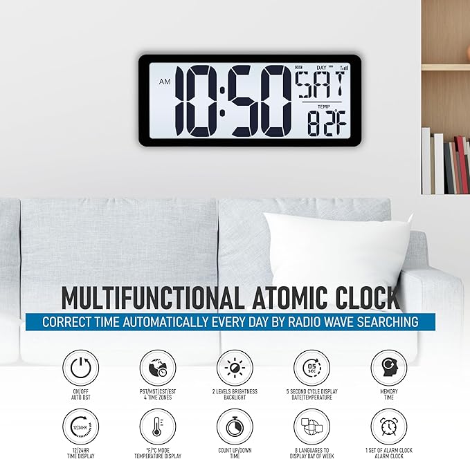 TXL Atomic Clock with Backlight, 14.2" Large Digital Wall Clock Battery Operated, Digital Clock Large Display with Day, Date & Temperature, Large Wall Clock for Bedroom, Livingroom, Office