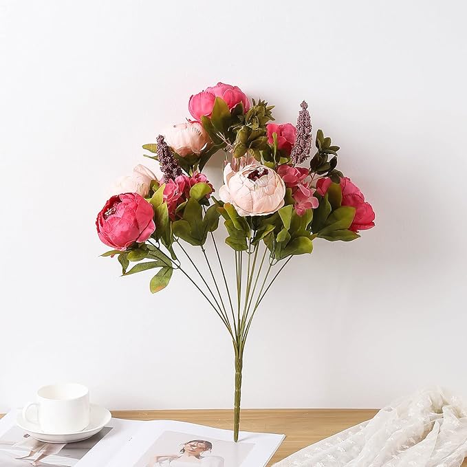 Duovlo Fake Flowers Vintage Artificial Peony Silk Flowers Wedding Home Decoration,Pack of 1 (Dark Pink)