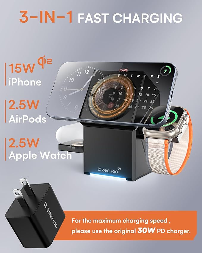 ZEEHOO 3 in 1 Charging Station, iPhone Charging Station for Apple MagSafe Charger, Qi2 Certified, 15W Fast Wireless Charger, for Apple Watch, for iPhone 17,16 15,14,13,12 Series, AirPods (Black)