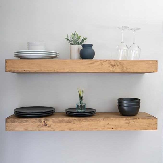 Modern Floating Shelves 3 Inches Thick for Wall, Wide Shelves for Kitchen, Living Room, Bedroom, and Bathroom, Natural Pine Wood, Rustic Wooden Shelf, (Set of 2) (Aged Oak, 48Lx3Hx6D)