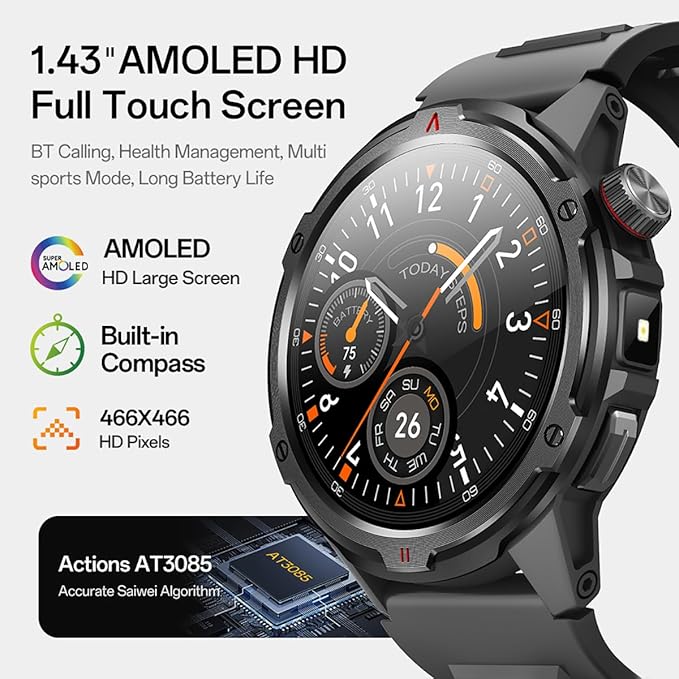 AOLON Smart Watch for Men (Answer/Make Call with 1.43'' AMOLED Display, IP68 Waterproof, 30+ Days Battery Life with100+Sport Modes Fitness Watch, Compass, Heart Rate, SPO₂ & Sleep Monitor（Khaki）