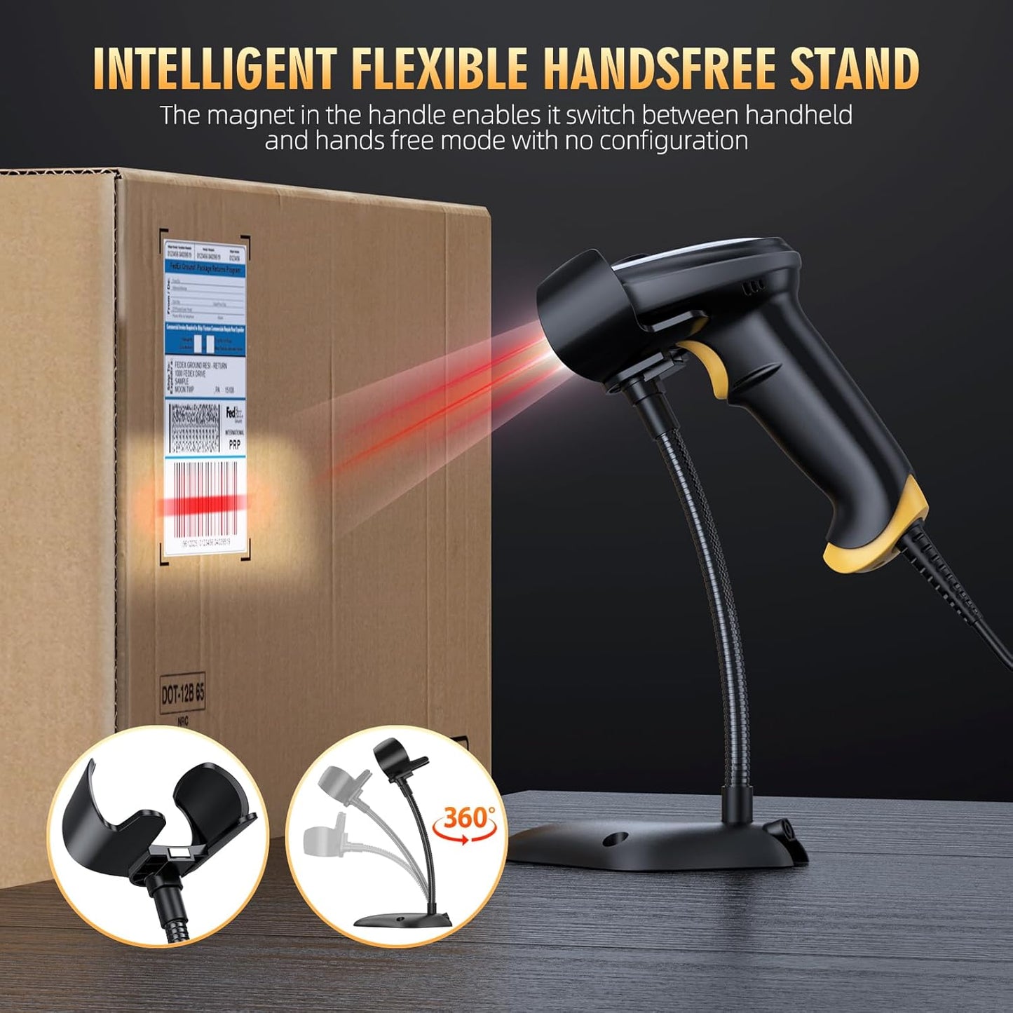 TEEMI 2D Barcode Scanner with Smart Stand USB Wired Handheld Automatic QR Data Matrix PDF417 OCR bar Codes Imager Global Shutter Computer Screen Scan for Windows Mac and Linux PC POS, Stand Included