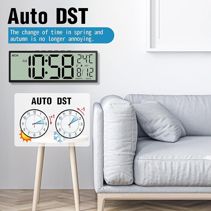 XREXS 14.5" Digital Wall Clock Battery Operated with Big Digits LCD Screen Display, Large Display Timer with Temperature Date Week Auto DST, Alarm Clock for Classroom, Livingroom, Office