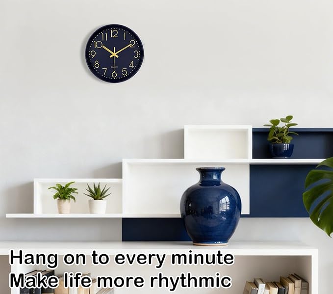 Wall Clock, Silent Wall Clocks Battery Operated 10 Inch- Modern Non Ticking Analog Clock with Large Numerals Tempered Glass Clocks for Bedroom Living Room Kitchen Office Decor, Navy Blue