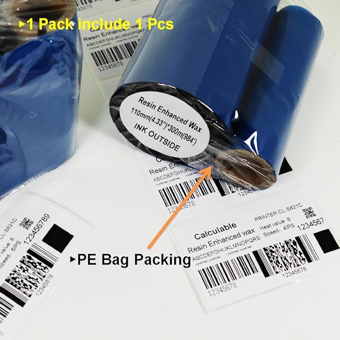 Resin Enhanced Wax 4.33" x984' (110mm X 300m) 1" Core 1" Vice Core Ultra Durable Thermal Transfer Wax Ribbon for Zebra Desktop Printer S4M Z4M 105SE 105S 105SL 105SLPlus 160S S500 S600.etc