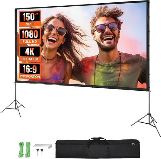 VEVOR Projector Screen with Stand, 150 inch 16:9 4K 1080 HD Outdoor Movie Screen with Stand, Wrinkle-Free Projection Screen with Tripods and Carry Bag, for Home Theater Cinema Backyard Movie Night